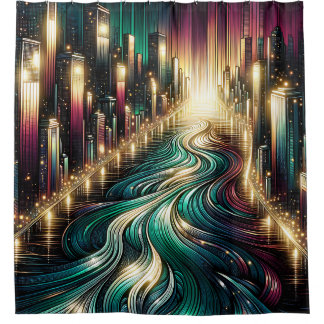 “Teal Reflections: Vibrant Cityscape at Night” Shower Curtain
