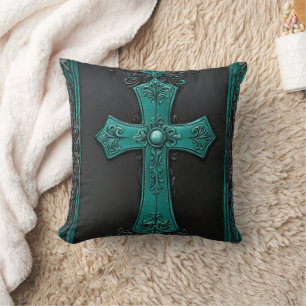 Teal Religious Christian Western Country Cross Cushion
