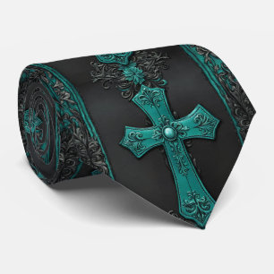 Teal Religious Christian Western Country Cross Tie