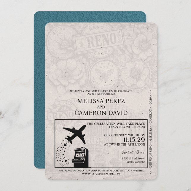 Teal Reno Passport Wedding Invitation (Front/Back)