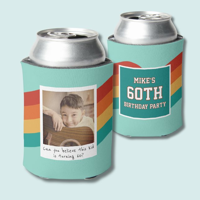 Teal Retro 60th Birthday Photo Can Cooler (Teal Retro 60th Birthday Photo Can Cooler custom party favor for husband)