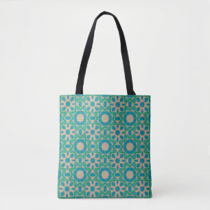 Teal Retro Floral Pattern Tote Bag