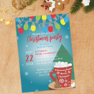 Teal Retro Lights Hot Cocoa Holiday Gathering Invitation