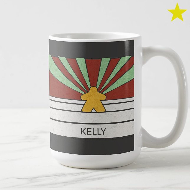 Teal Retro Meeple Stripes Sunburst Custom Name Coffee Mug (Creator Uploaded)