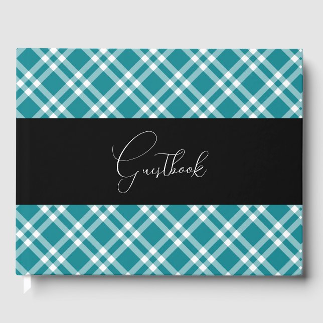 Teal Retro Plaid Pattern Wedding Guest Book (Front)