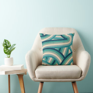 Teal Retro Rainbow Stripes Pattern Cushion