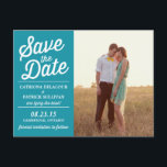 Teal Retro Script Photo Save the Date Postcard<br><div class="desc">Rustic Retro Script Photo Save the Date Postcard 
 Photo save the date announcement featuring retro typography on a teal background.</div>