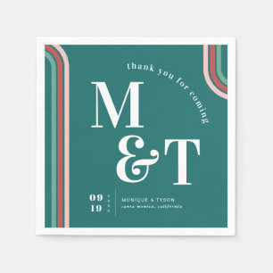 Teal   Retro Seventies Stripes   Wedding Monogram Napkin