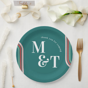 Teal Retro Seventies Stripes Wedding Monogram Paper Plate