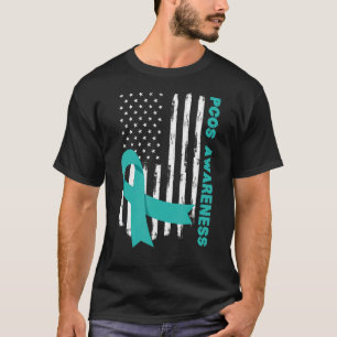 Teal Ribbon American Flag PCOS Awareness Month T-Shirt
