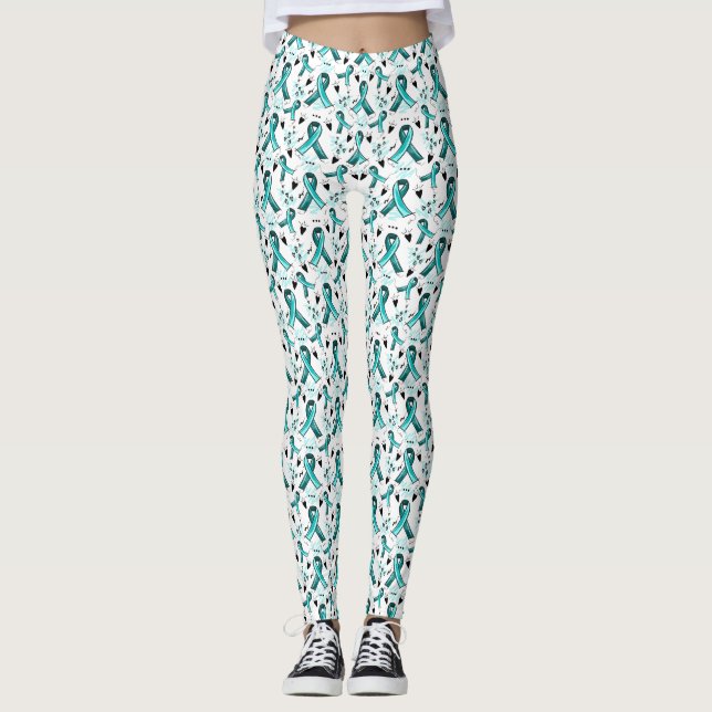 Teal Ribbon Awareness Seamless Pattern Leggings (Front)