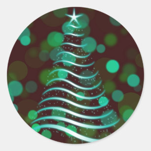 Teal Ribbon Christmas Tree on Holiday Bokeh Classic Round Sticker