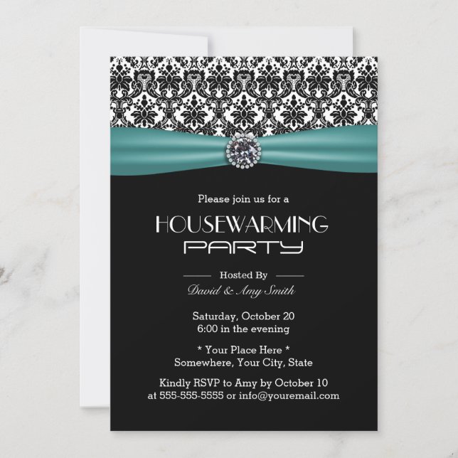 Teal Ribbon Elegant Damask Housewarming Party Invitation (Front)