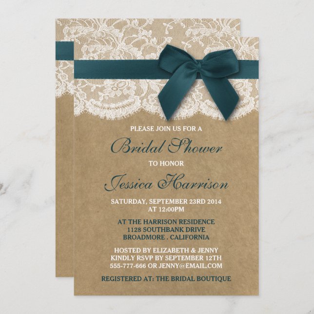Teal Ribbon On Kraft & Lace Bridal Shower Invitation (Front/Back)