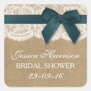 Teal Ribbon On Kraft & Lace Bridal Shower Square Sticker