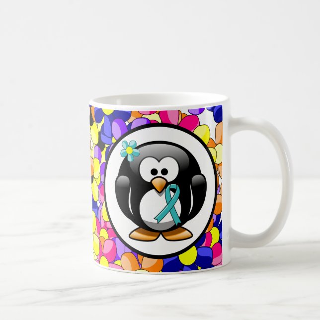 Teal Ribbon Penguin Coffee Mug (Right)