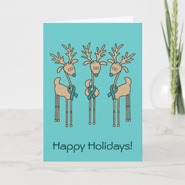 Teal Ribbon Reindeer Holiday Card (Front)