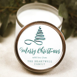 Teal Ribbon Tree Merry Christmas Script Classic Round Sticker