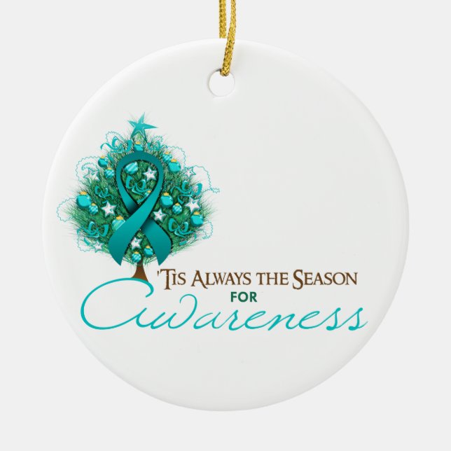 Teal Ribbon Xmas Awareness Season Ceramic Tree Decoration (Front)