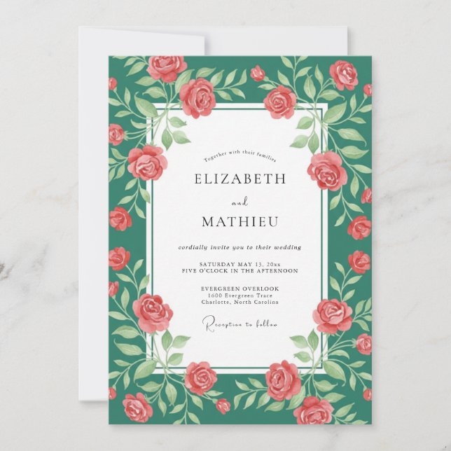 Teal Rich Burgundy Petal Wedding Invitation (Front)