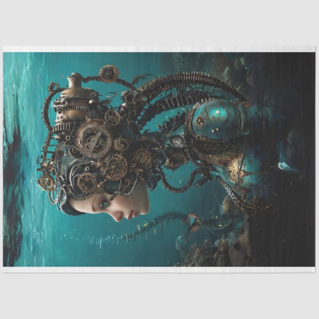 Teal Robotic Steampunk Girl Water World Decoupage Tissue Paper (Front)