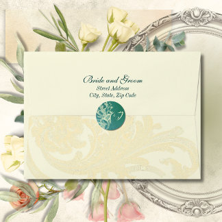 Teal Rococo Scroll with Elegant Monogram Classic Round Sticker