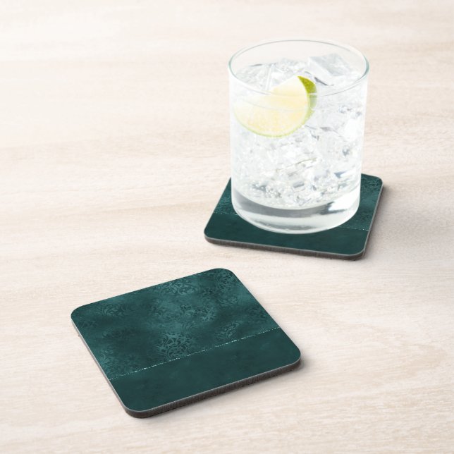 Teal Romance | Satin Grunge Midnight Rose Damask Coaster (Right Side)