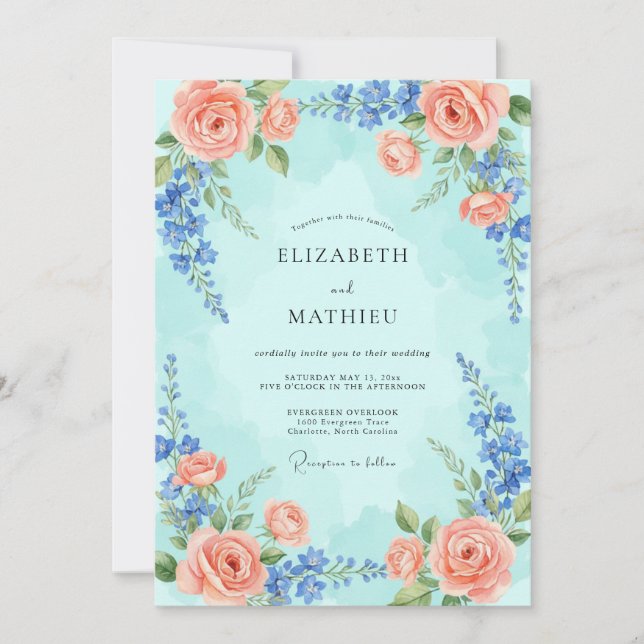 Teal Romantic Floral Blossom Wedding Invitation (Front)