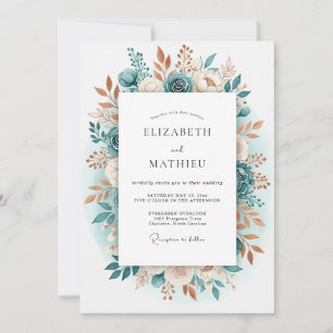 Teal Romantic Floral Flourish Wedding Invitation