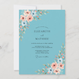 Teal Romantic Floral Spring Wedding Invitation