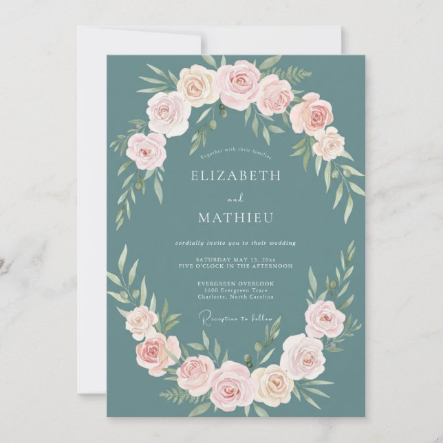 Teal Romantic Floral Wreath Wedding Invitation (Front)