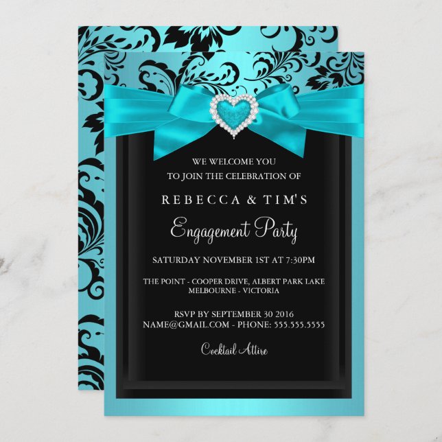 Teal Romantic Heart Engagement Party Invitation (Front/Back)