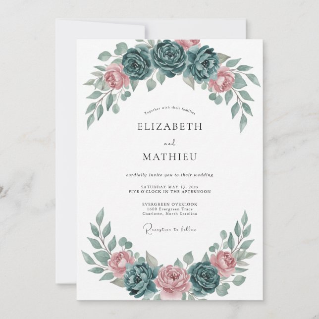 Teal Romantic Watercolor Wedding Invitation (Front)