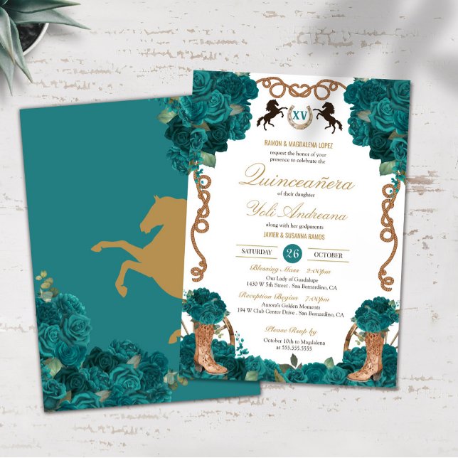 Teal Rose Country Western Charro Quinceanera Invitation (Creator Uploaded)