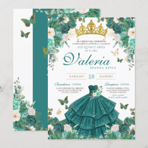 Teal Rose Elegant Princess Butterfly Quinceanera Invitation