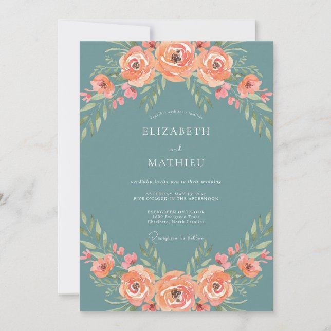 Teal Rose Floral Flourish Wedding Invitation (Front)