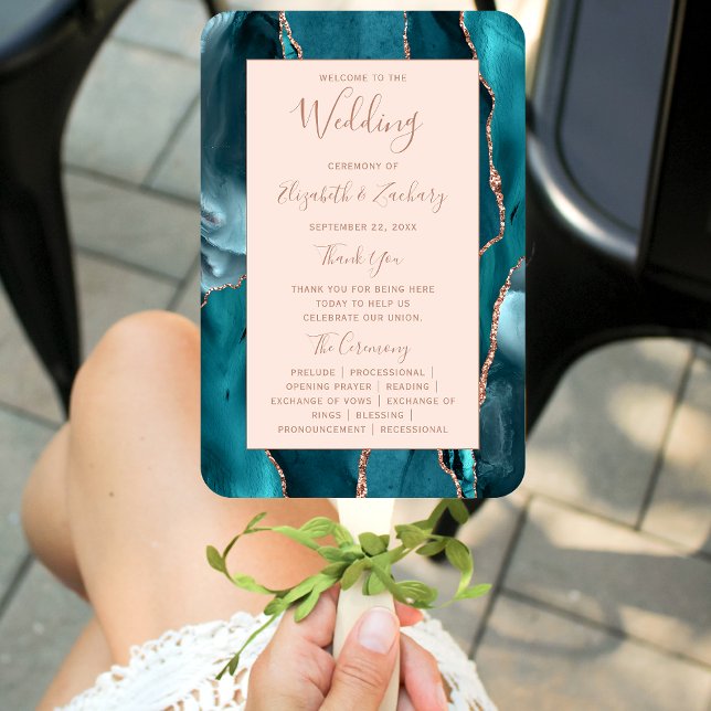 Teal Rose Gold Agate Blush Wedding Program Hand Fan (Creator Uploaded)