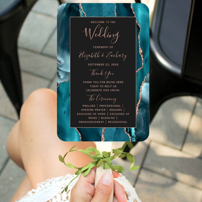 Teal Rose Gold Agate Dark Wedding Program Hand Fan (Creator Uploaded)