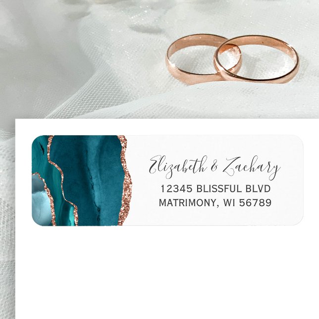Teal Rose Gold Agate Wedding Return Address (Creator Uploaded)