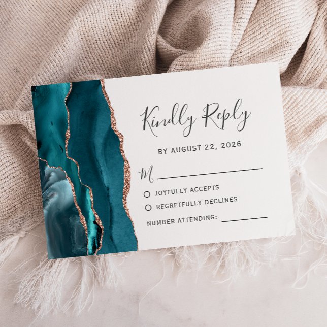 Teal Rose Gold Agate Wedding RSVP Card (Creator Uploaded)