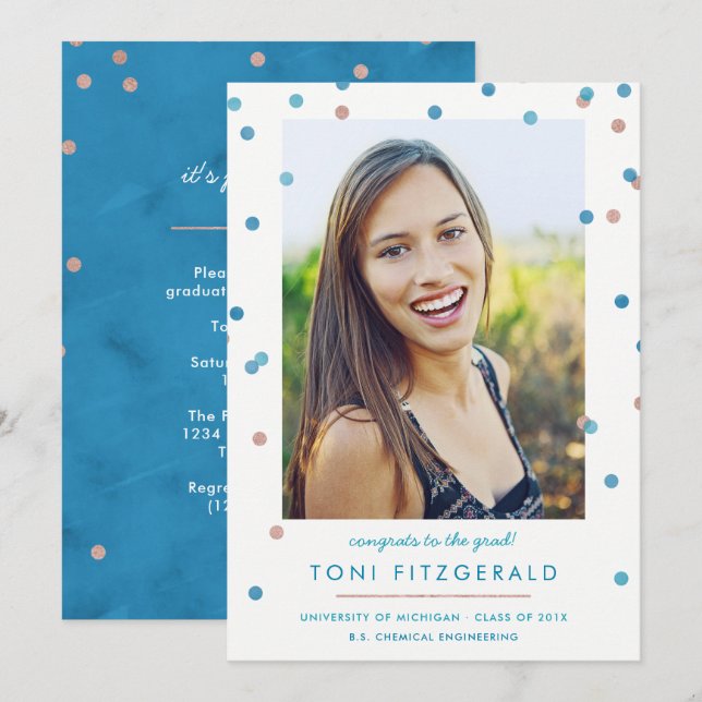 Teal & Rose Gold Confetti Photo Graduation Invitation (Front/Back)