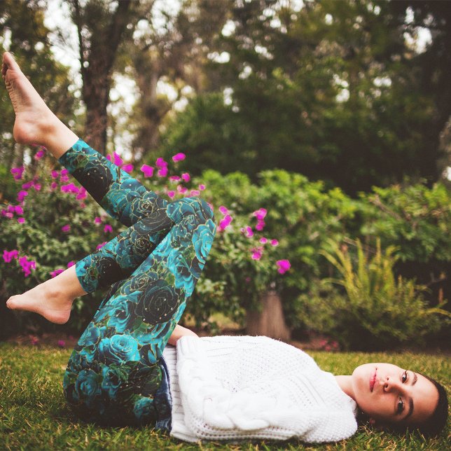 Teal Rose Gold Glitter Glam Floral Boho Leggings (Creator Uploaded)