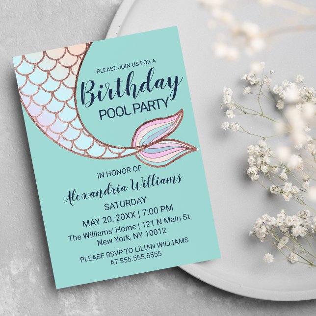  Teal Rose Gold Pink Mermaid Tail Pool Birthday Invitation Postcard (Teal Rose Gold Pink Mermaid Tail Pool Birthday Invitation Postcard )