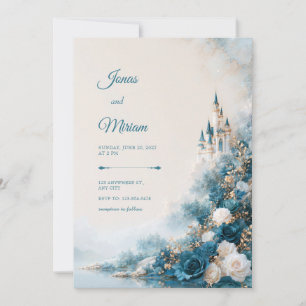 Teal Rose Lakeside Castle Romance Wedding Invitation