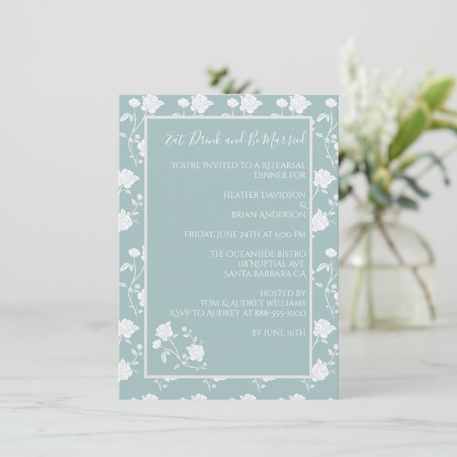 Teal Rose Rehearsal Dinner Invitation (Standing Front)