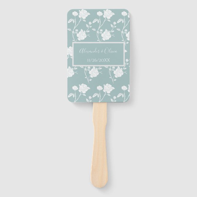 Teal Rose Wedding Favour Hand Fan (Front)