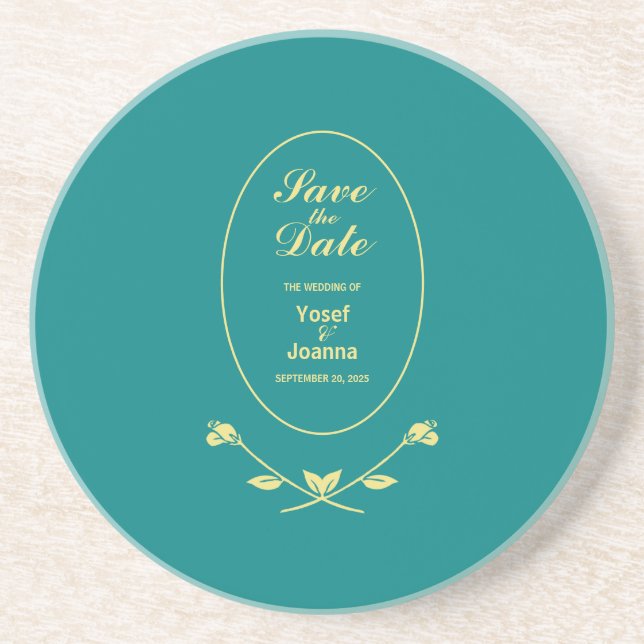 Teal Rose Wedding Save the Date Coaster (Front)