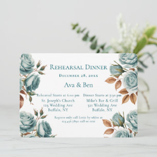 Teal Roses And Bronze Leaves Rehearsal Dinner Invitation