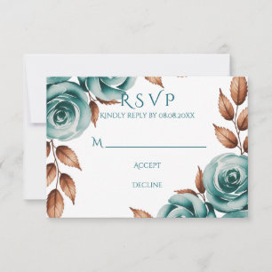 Teal Roses and Bronze Leaves Wedding RSVP Card