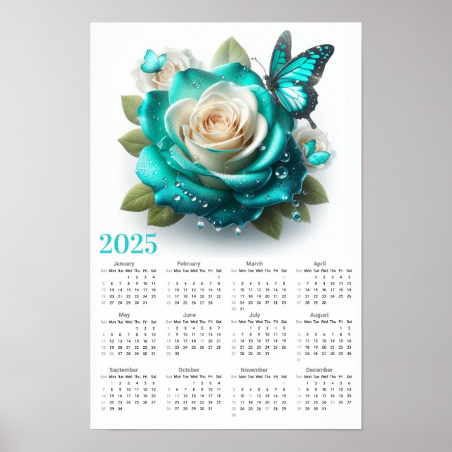 Teal Roses and Butterflies 2025 Calendar Poster (Front)